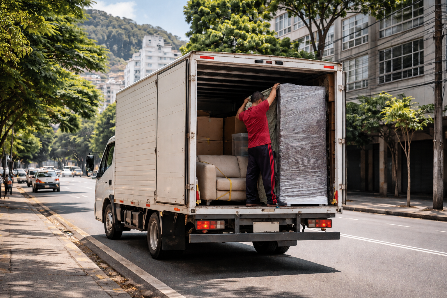 Caminhão de mudança carregado com móveis e caixas