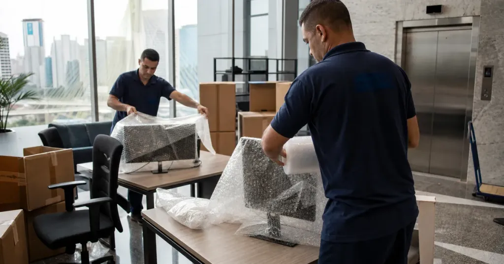 Equipe embalando monitores em mudança de escritório